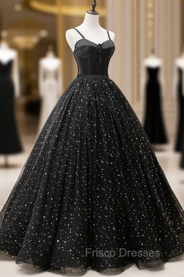 Black Tulle Long Formal Prom Dress, Black Spaghetti Straps Formal Evening Gown