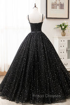 Black Tulle Long Formal Prom Dress, Black Spaghetti Straps Formal Evening Gown