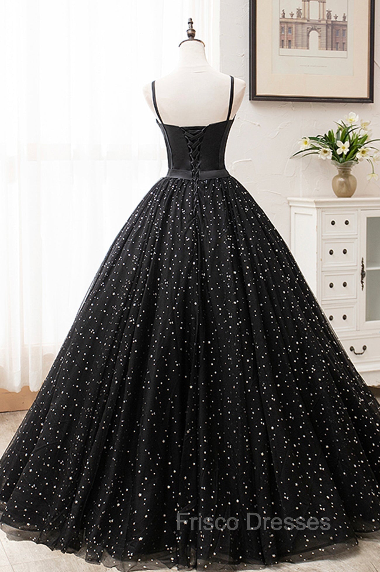 Black Tulle Long Formal Prom Dress, Black Spaghetti Straps Formal Evening Gown