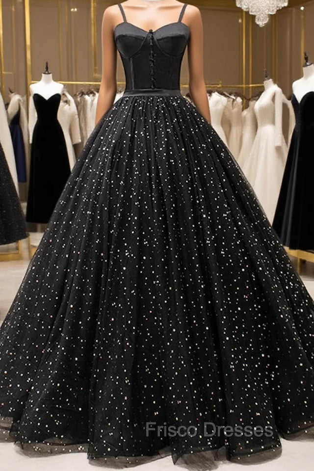 Black Tulle Long Formal Prom Dress, Black Spaghetti Straps Formal Evening Gown Main image