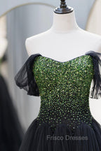Black Tulle Long Formal Prom Dress with Beaded, Off the Shoulder Formal Evening Dress