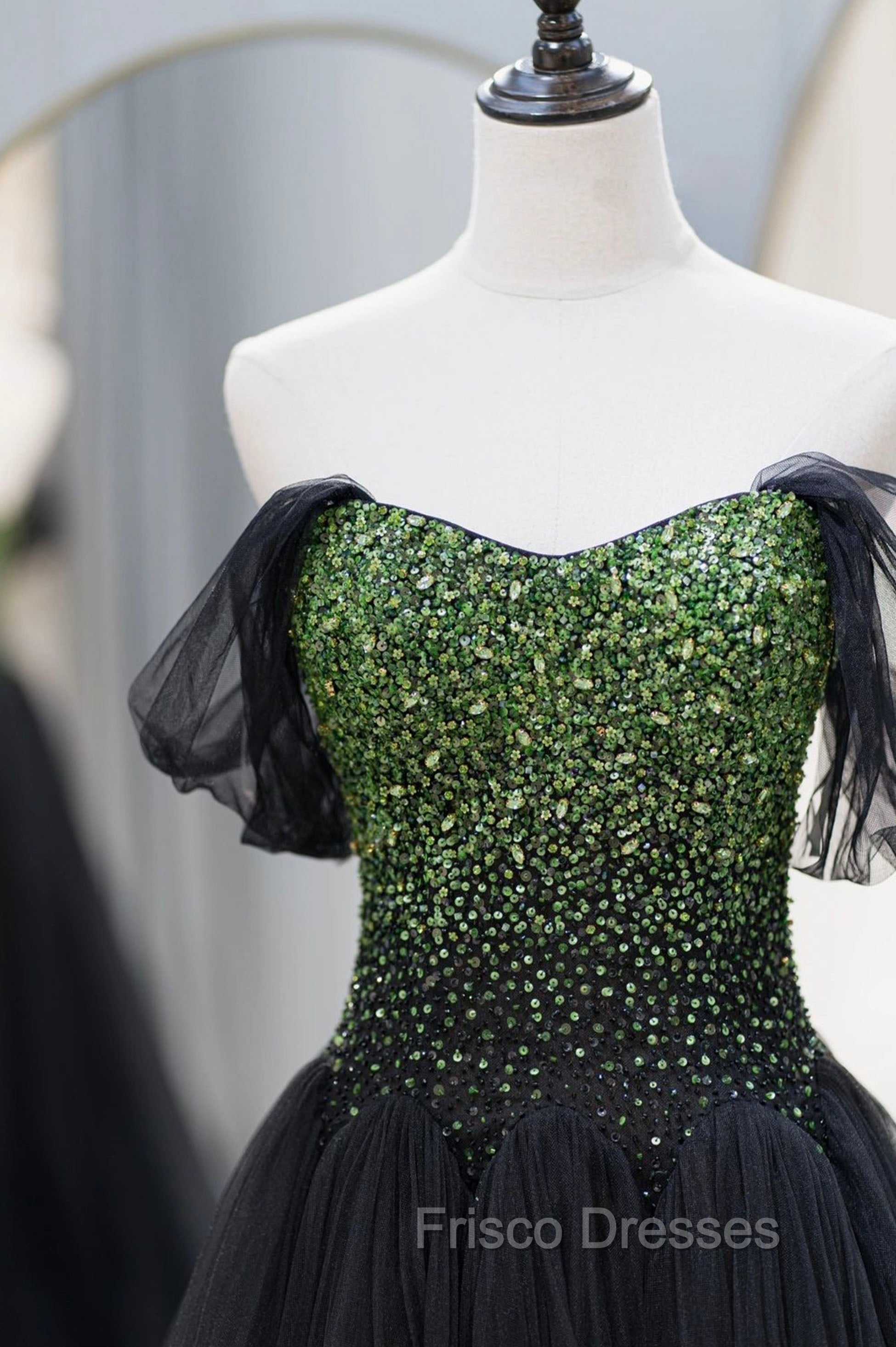 Black Tulle Long Formal Prom Dress with Beaded, Off the Shoulder Formal Evening Dress