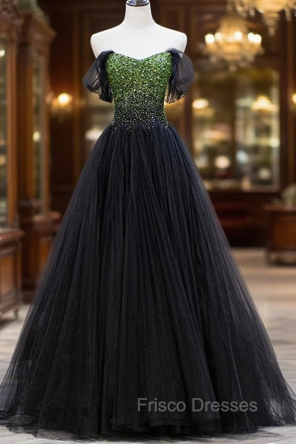 Black Tulle Long Formal Prom Dress with Beaded, Off the Shoulder Formal Evening Dress Main image