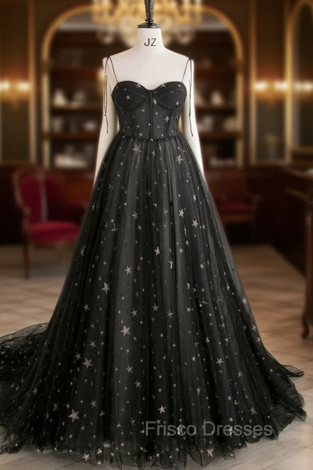 Black Tulle Long Formal Prom Dress with Stars, Cute Spaghetti Straps Graduation Dress