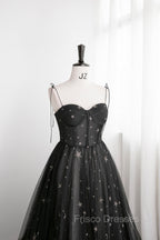 Black Tulle Long Formal Prom Dress with Stars, Cute Spaghetti Straps Graduation Dress