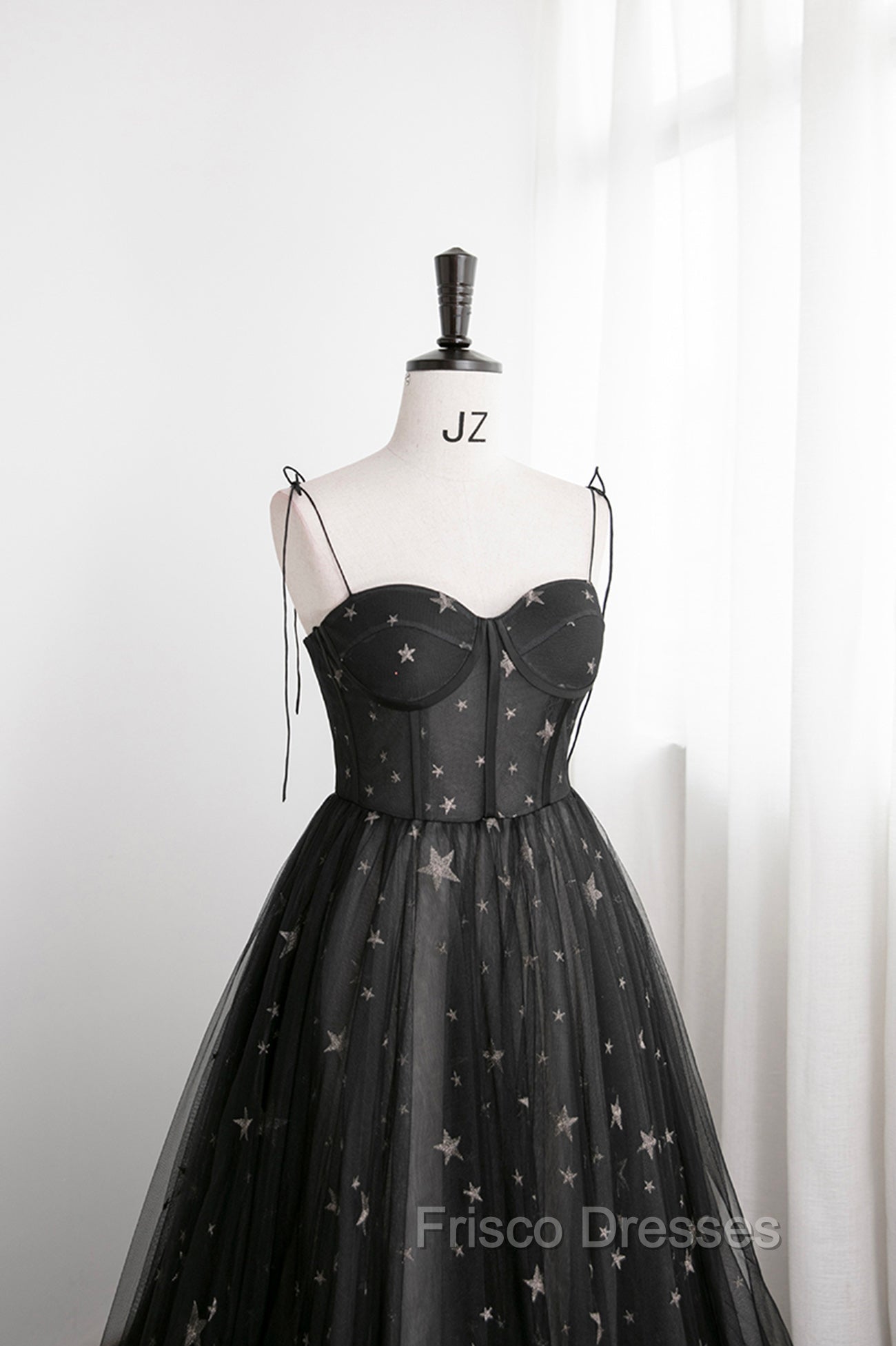 Black Tulle Long Formal Prom Dress with Stars, Cute Spaghetti Straps Graduation Dress