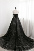 Black Tulle Long Formal Prom Dress with Stars, Cute Spaghetti Straps Graduation Dress
