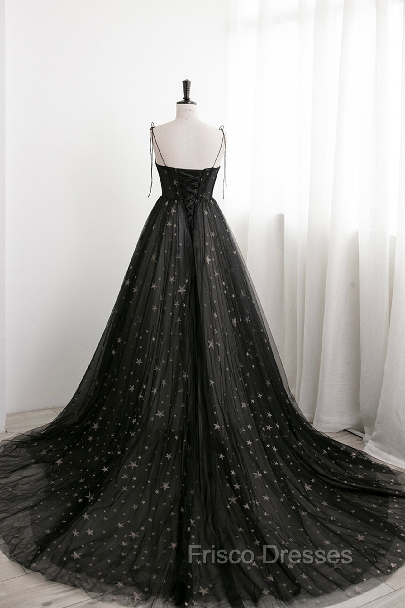 Black Tulle Long Formal Prom Dress with Stars, Cute Spaghetti Straps Graduation Dress