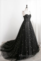 Black Tulle Long Formal Prom Dress with Stars, Cute Spaghetti Straps Graduation Dress