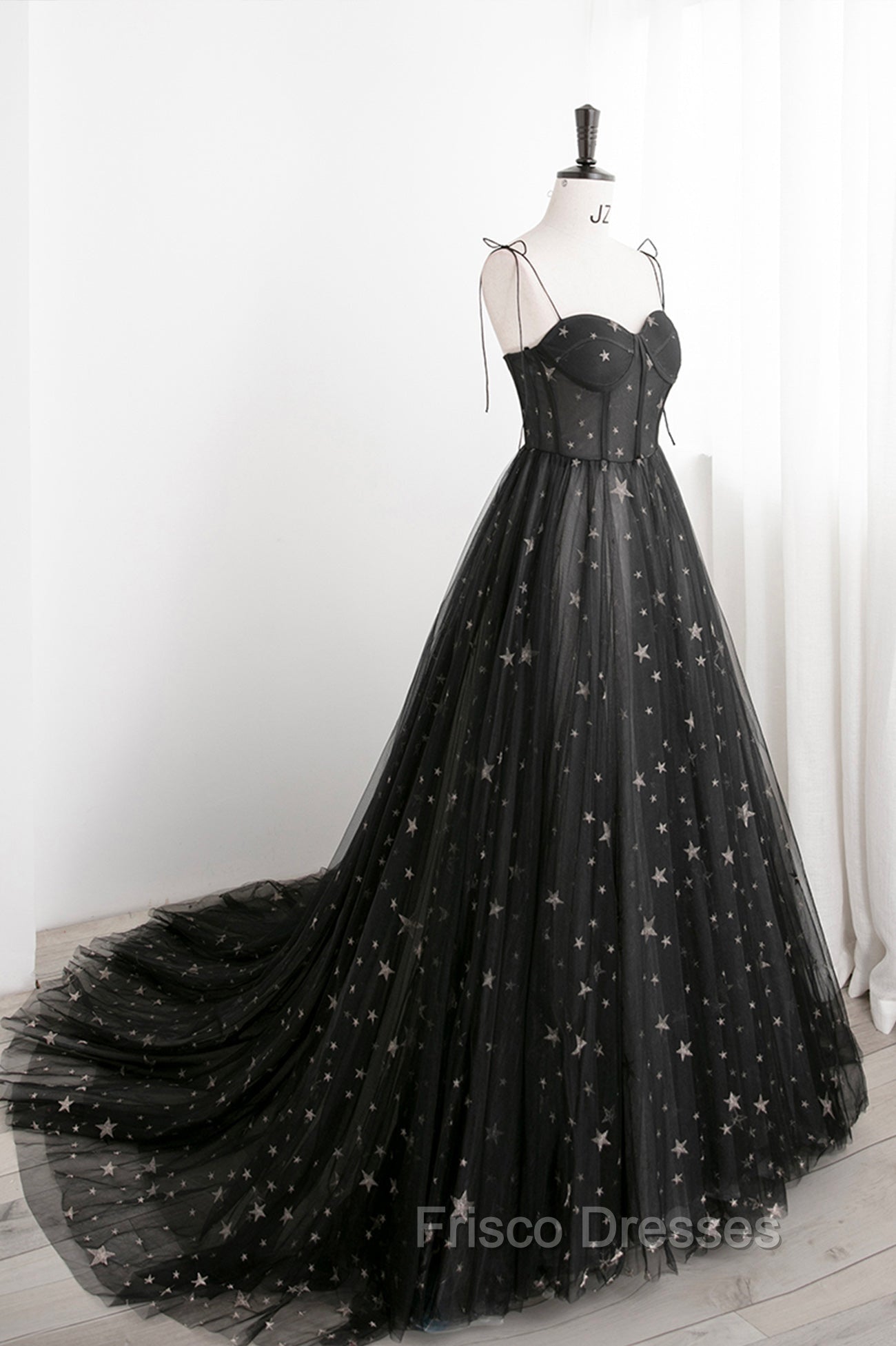 Black Tulle Long Formal Prom Dress with Stars, Cute Spaghetti Straps Graduation Dress