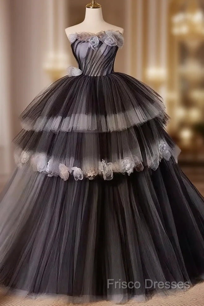Black Tulle Long Formal Prom Gown, Black Tulle Formal Dress Main image