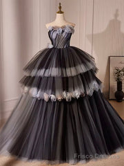 Black Tulle Long Prom Gown, Black Tulle Evening Dress