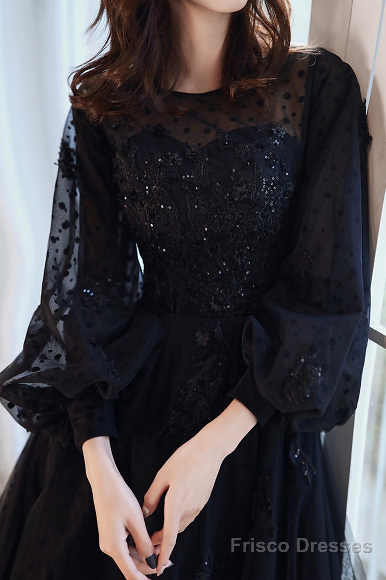 Black Tulle Long Sleeve Prom Dress, Black A-Line Evening Dress Main image