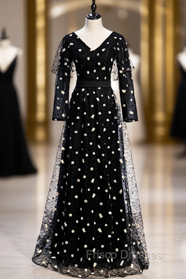 Black Tulle Long Sleeve V-neck Little Daisy Formal Prom Dress Main image