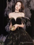 Black Tulle Off Shoulder Long Prom Dress, Black Tulle Formal Dress