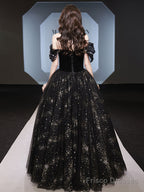Black Tulle Off Shoulder Long Prom Dress, Black Tulle Formal Dress