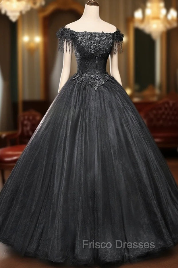 Black Tulle Off Shoulder with Lace Applique Party Dress, Black Tulle Long Sweet 16 Dress