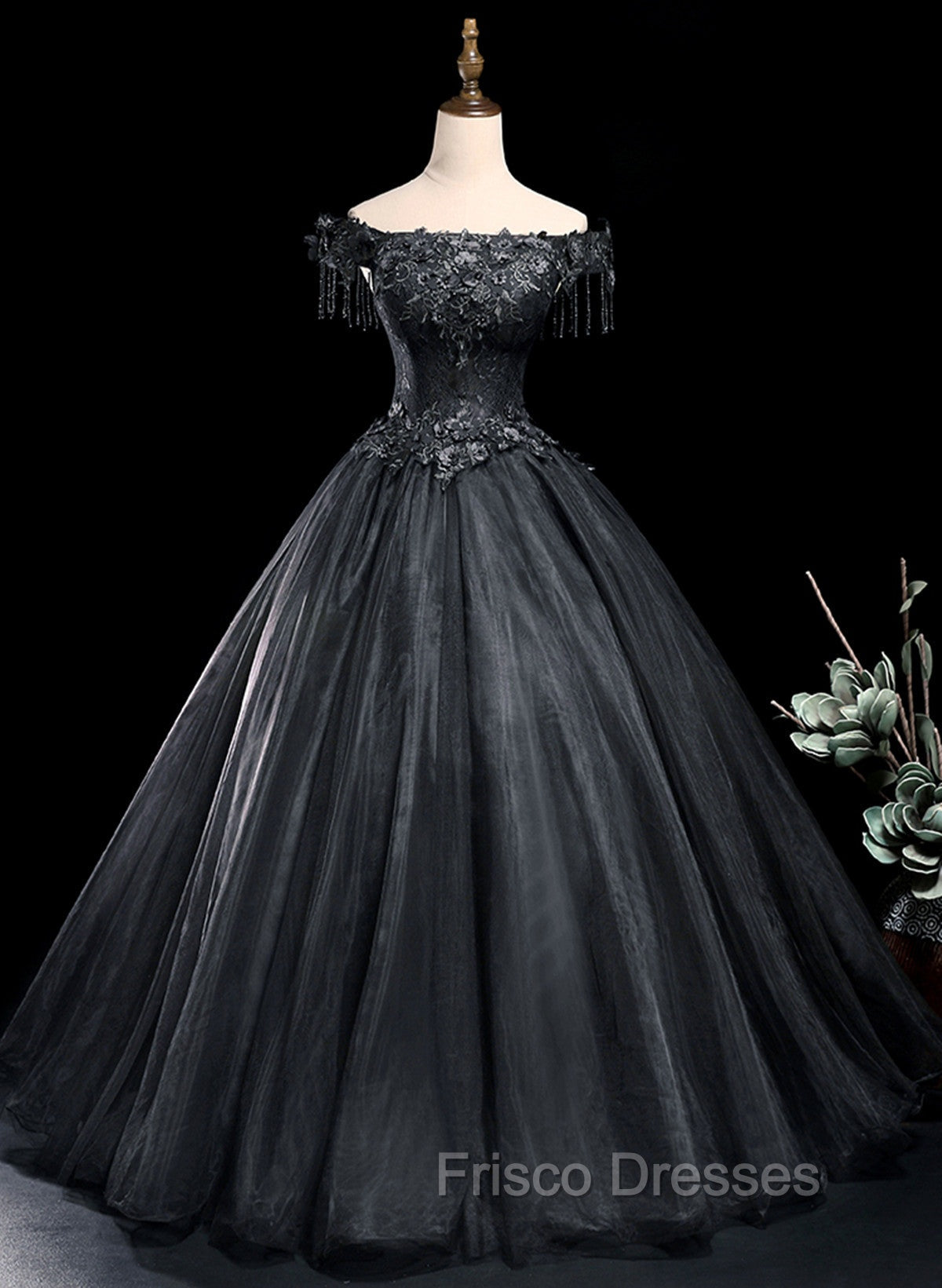 Black Tulle Off Shoulder with Lace Applique Party Dress, Black Tulle Long Sweet 16 Dress Main image