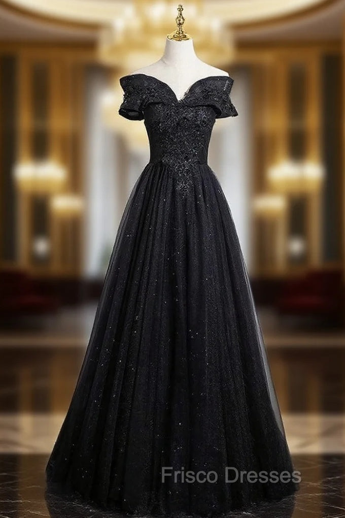 Black Tulle Off the Shoulder Appliques Formal Prom Dress