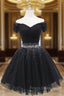 Black Tulle Off the Shoulder Pleats Beading Homeocming Dress