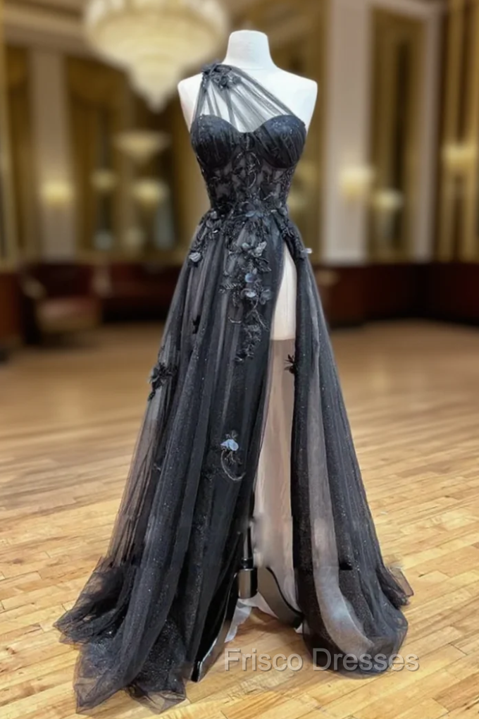 Black Tulle one Shoulder Appliques Split Formal Prom Dress