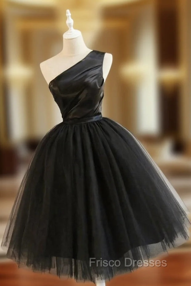 Black Tulle One Shoulder Elegant Tea Length Party Dress, Black Formal Dress