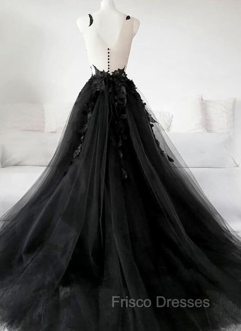 Black Tulle Party Dress with Lace Long Formal Prom Dress, Pretty Black Evening Dress Secondary image