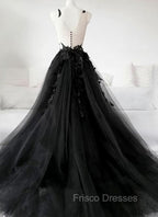 Black Tulle Party Dress with Lace Long Formal Prom Dress, Pretty Black Evening Dress