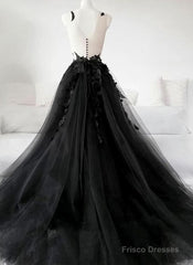 Black Tulle Party Dress with Lace Long Prom Dress, Pretty Black Evening Dress