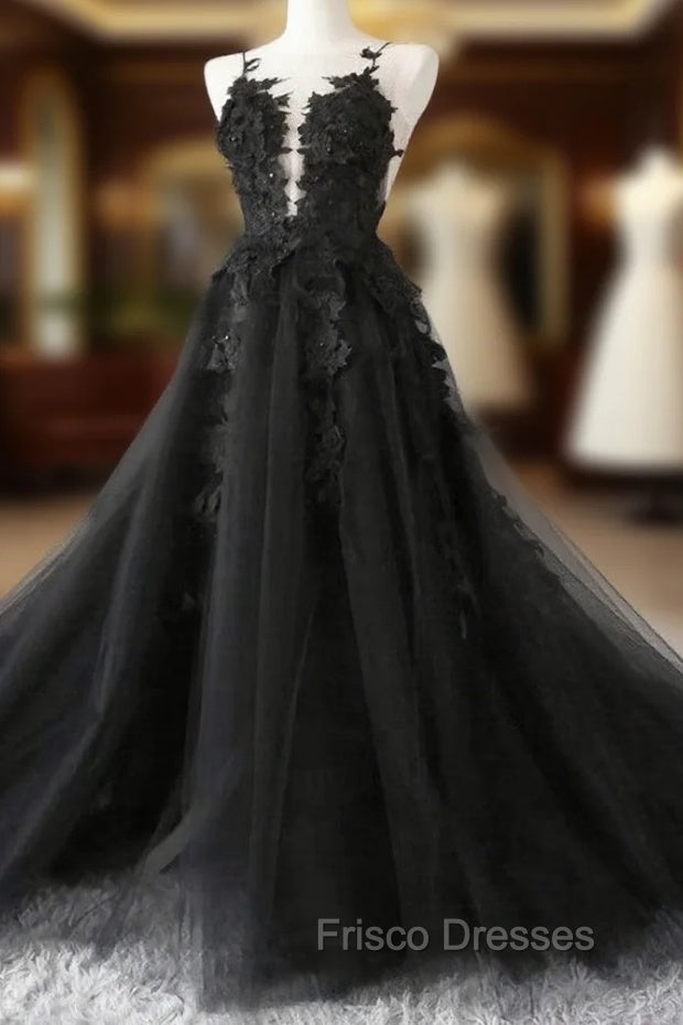 Black Tulle Party Dress with Lace Long Formal Prom Dress, Pretty Black Evening Dress Main image