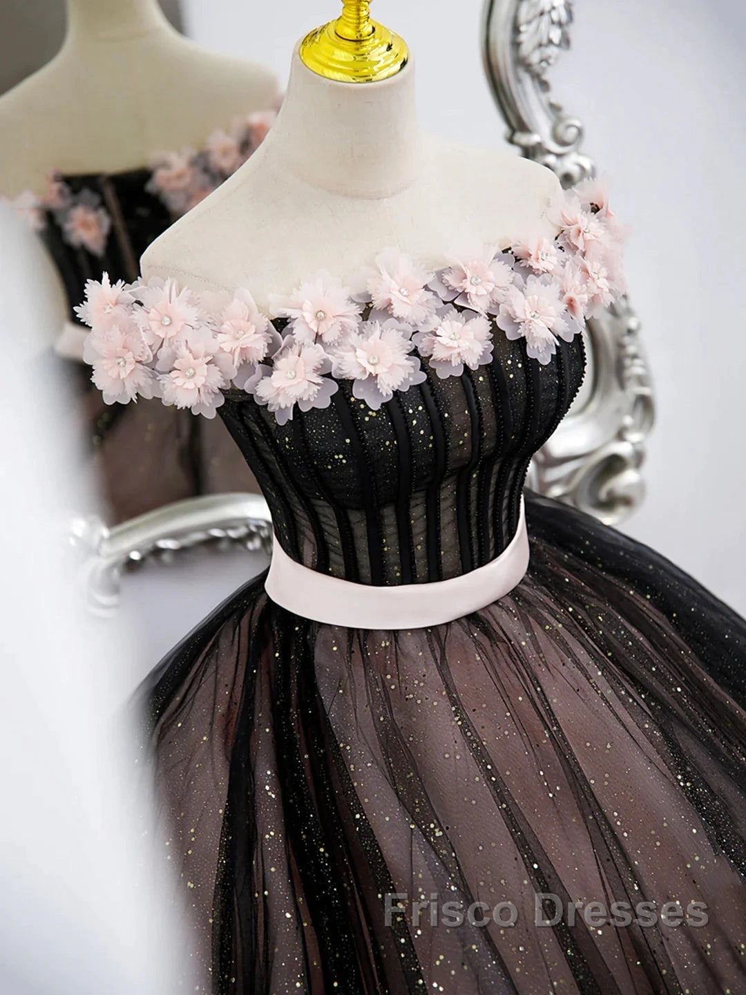 Black Tulle & Pink Flowers Sparkle Formal Prom Dress Secondary image