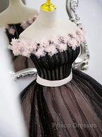 Black Tulle & Pink Flowers Sparkle Formal Prom Dress