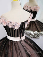 Black Tulle & Pink Flowers Sparkle Formal Prom Dress