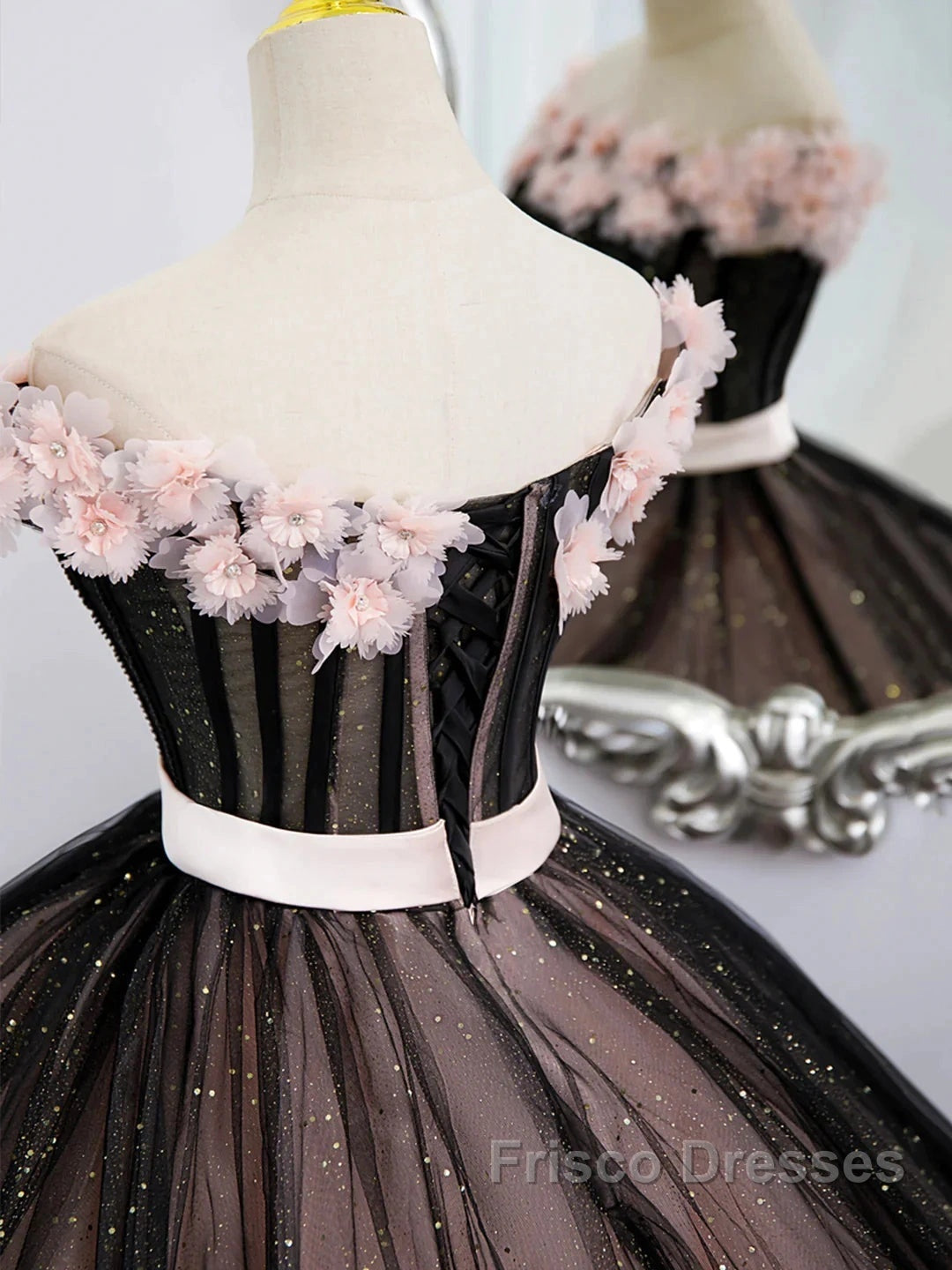 Black Tulle & Pink Flowers Sparkle Formal Prom Dress