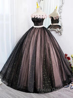 Black Tulle & Pink Flowers Sparkle Formal Prom Dress