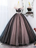 Black Tulle & Pink Flowers Sparkle Formal Prom Dress