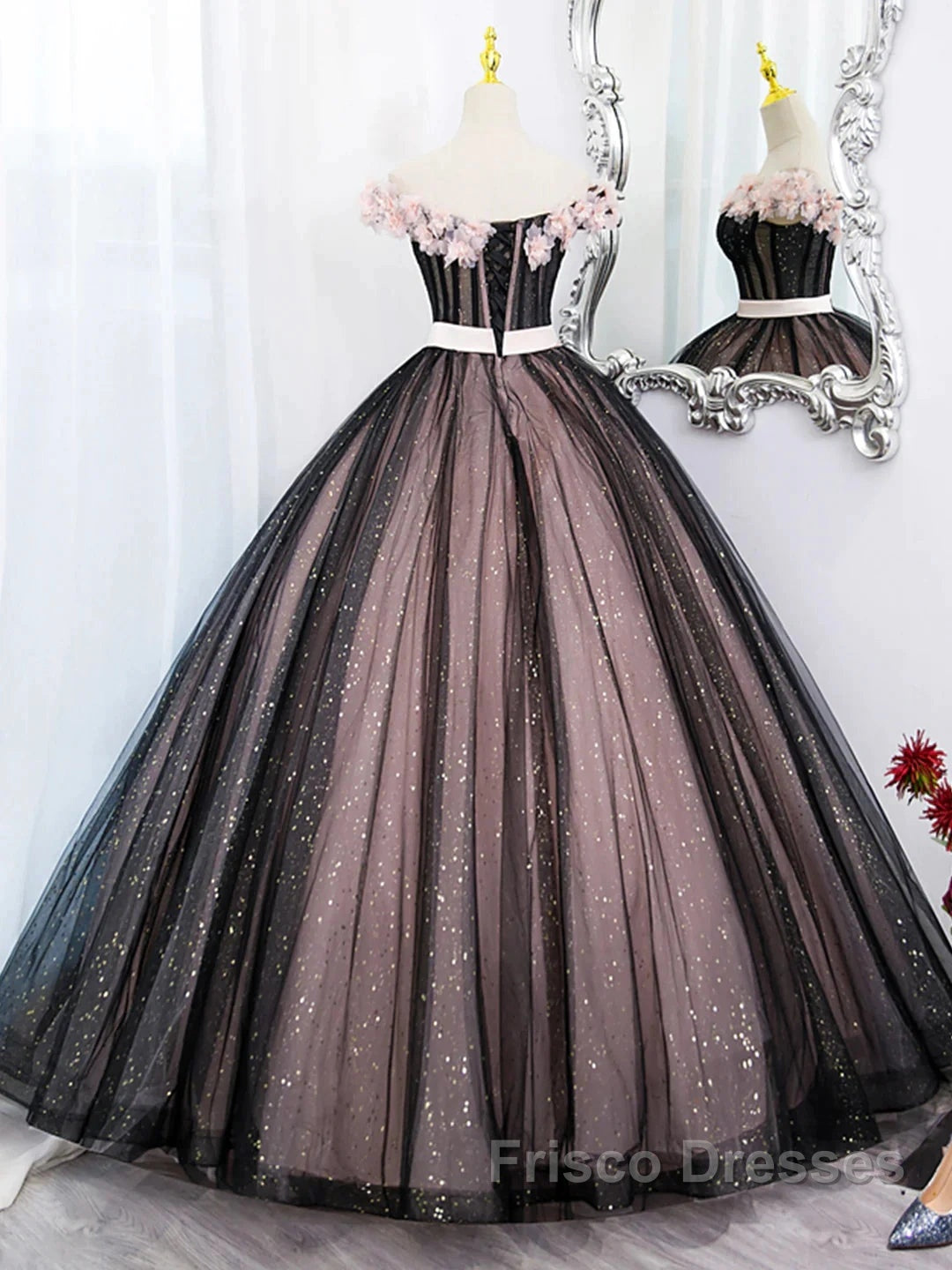 Black Tulle & Pink Flowers Sparkle Formal Prom Dress