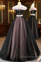 Black Tulle & Pink Flowers Sparkle Formal Prom Dress