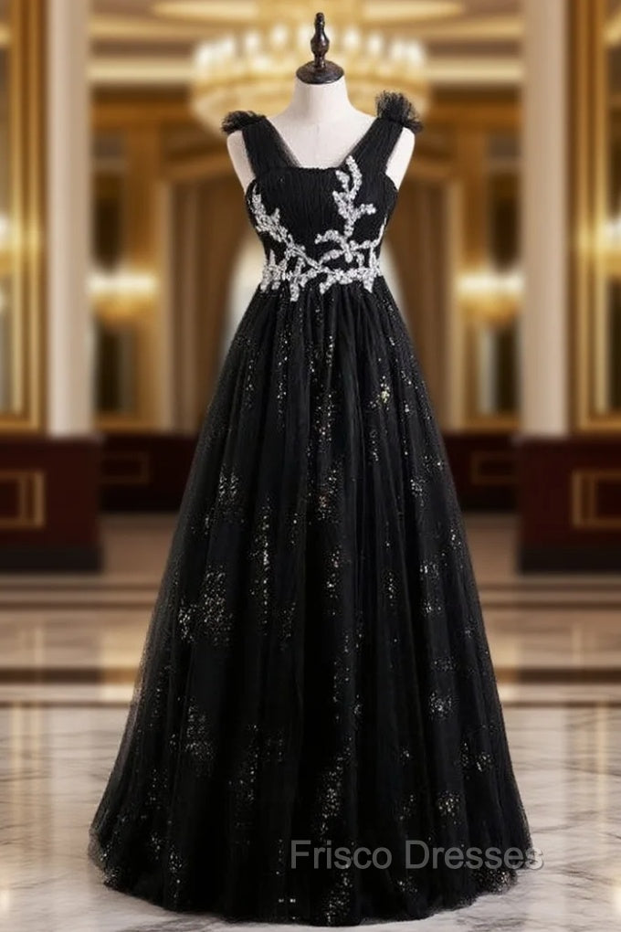 Black Tulle Pleats Appliques Beading Formal Prom Dress