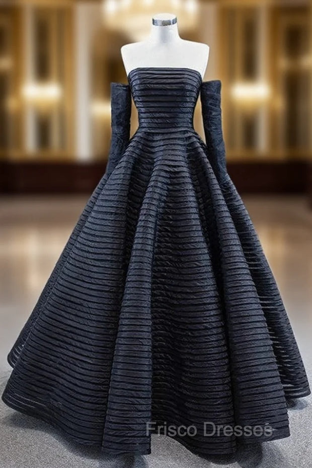 Black Tulle Pleats Strapless Formal Prom Dress With Detachable Sleeve