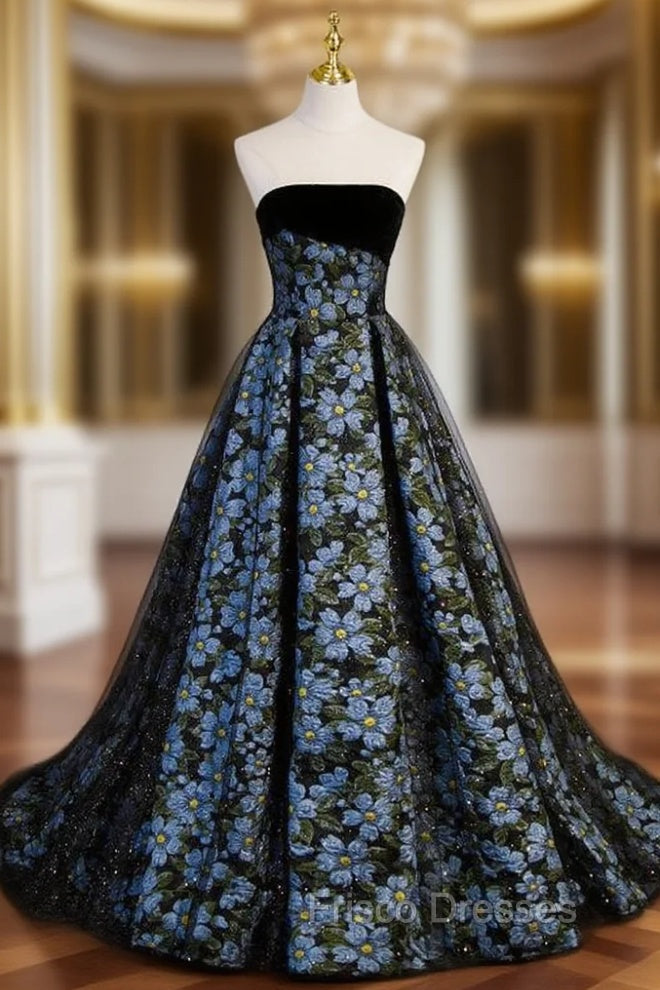Black Tulle Print Strapless Formal Prom Dress Main image