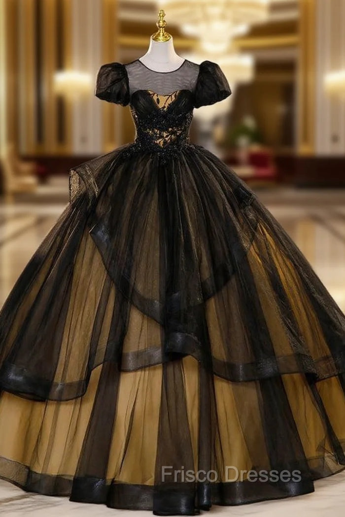Black Tulle Puff Sleeve Appliques Beading Quinceanera Dress Main image