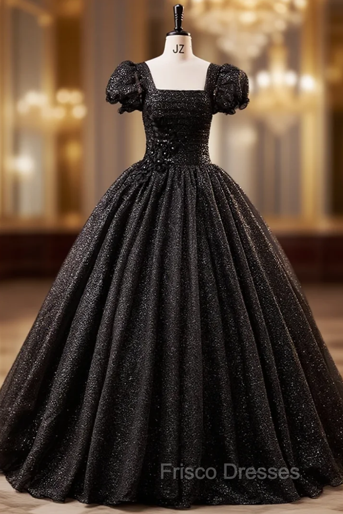 Black Tulle Puff Sleeve Appliques Pleats Quinceanera Dress Main image