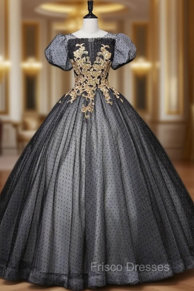 Black Tulle Puff Sleeve Appliques Sequins Quinceanera Dress Main image
