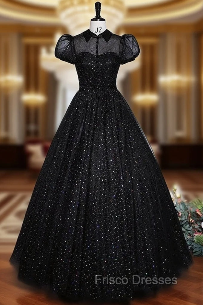 Black Tulle Puff Sleeve Formal Prom Dress