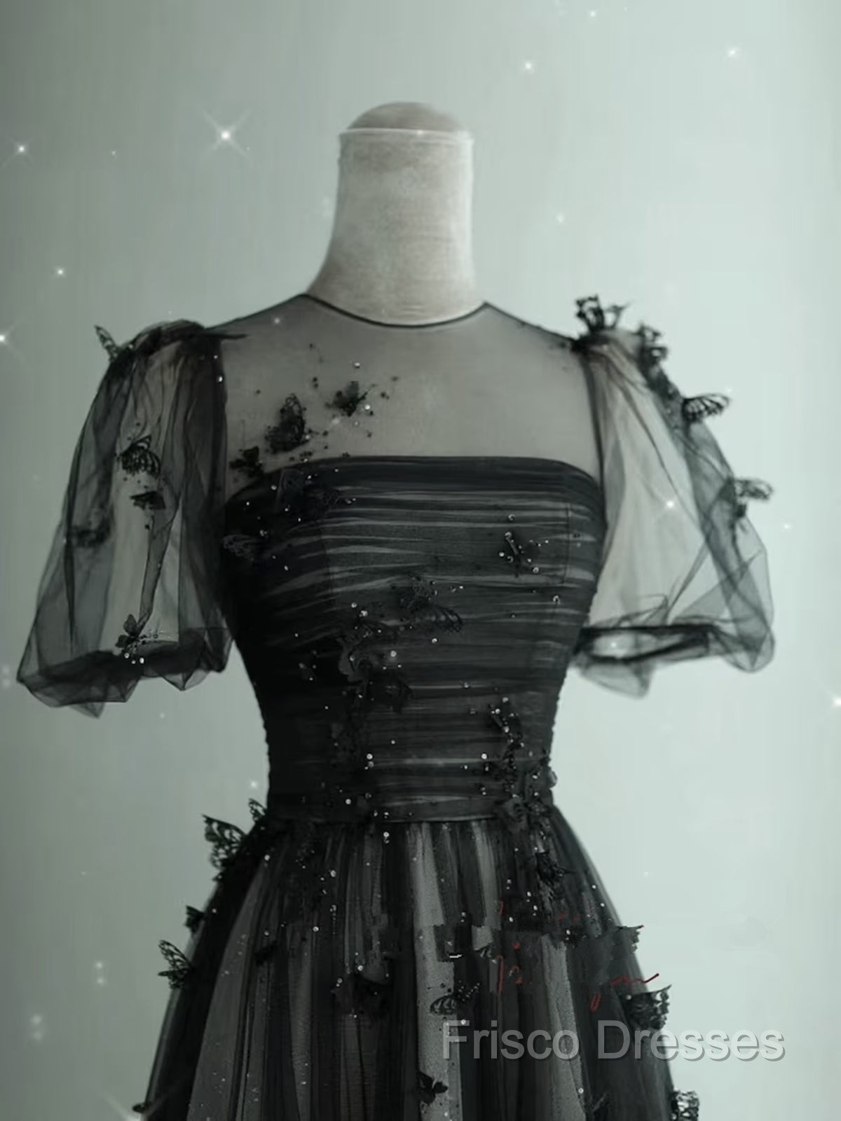 Black Tulle Puffy Short Sleeves A-Line Formal Prom Dress, Black Formal Dress Party Dress Secondary image