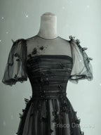 Black Tulle Puffy Short Sleeves A-Line Formal Prom Dress, Black Formal Dress Party Dress