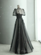 Black Tulle Puffy Short Sleeves A-Line Formal Prom Dress, Black Formal Dress Party Dress