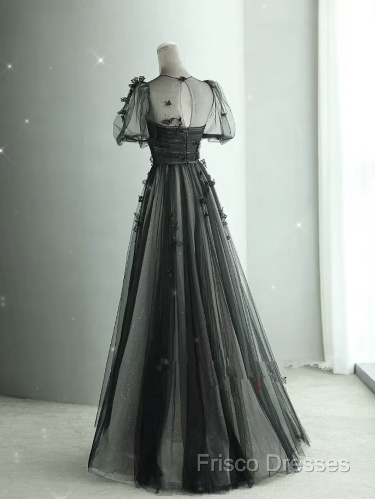 Black Tulle Puffy Short Sleeves A-Line Formal Prom Dress, Black Formal Dress Party Dress