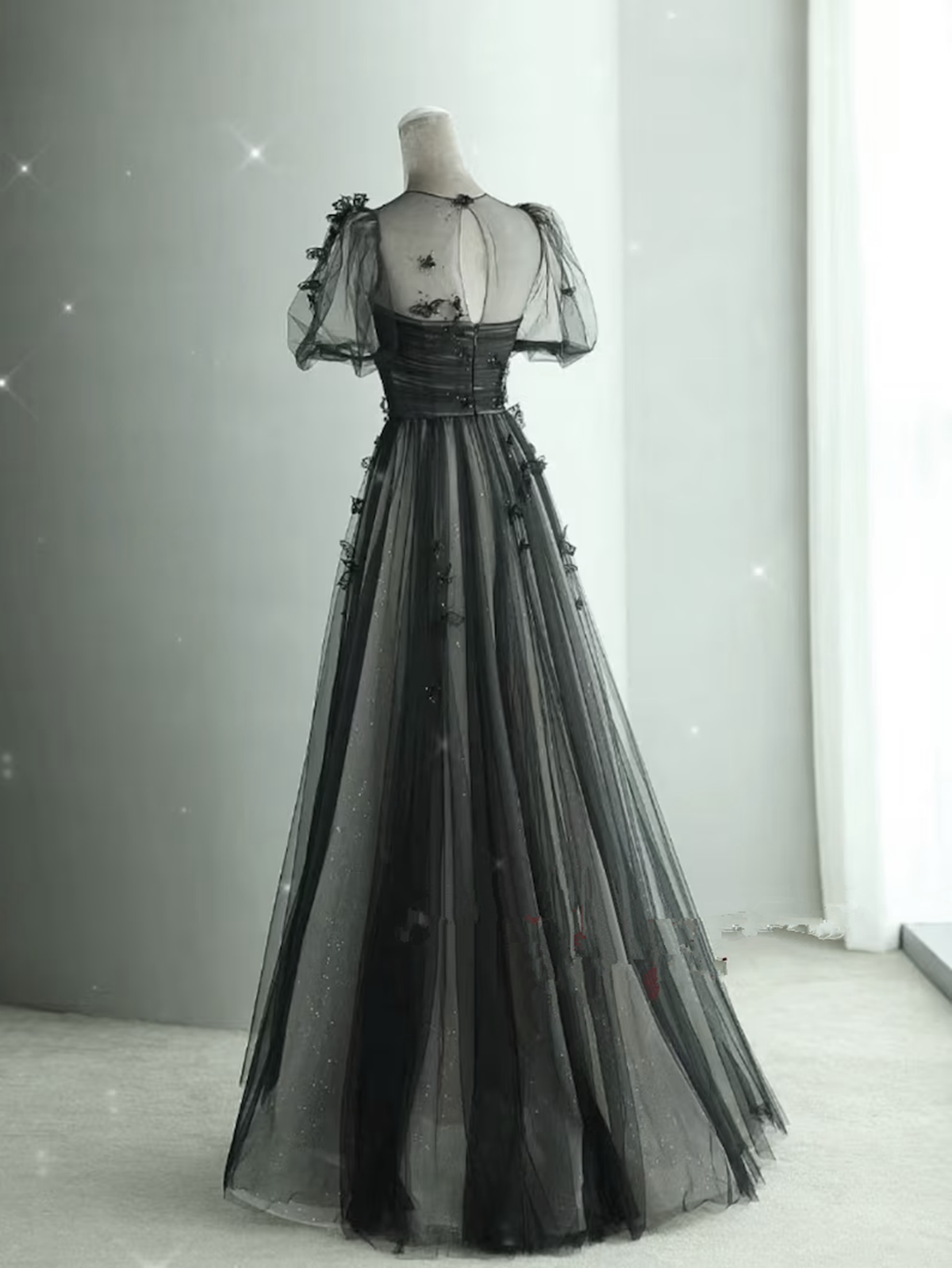 Black Tulle Puffy Short Sleeves A-Line Prom Dress, Black Evening Dress –  Frisco Dresses